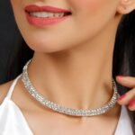 CZ Stone Studded Silver Crystal Rhinestone Choker Necklace for Women.