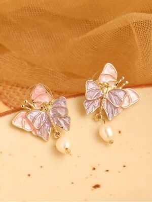 Unique Design Pink n Purple Butterfly Pearl Korean Drop Earrings