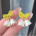 Stylish Korean Western Partywear Earrings: Tulip Flower and Green Bowknot Design