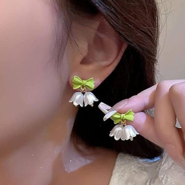 Stylish Korean Western Partywear Earrings: Tulip Flower and Green Bowknot Design