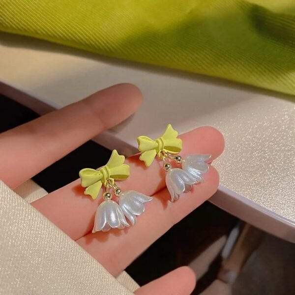 Stylish Korean Western Partywear Earrings: Tulip Flower and Green Bowknot Design