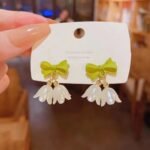 Stylish Korean Western Partywear Earrings: Tulip Flower and Green Bowknot Design
